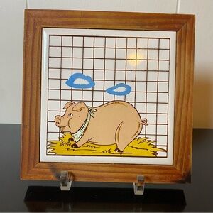 Vintage Country Pig Ceramic Tile and Wood Trivet Kitchen Wall Decor 5.5” x 5.5”